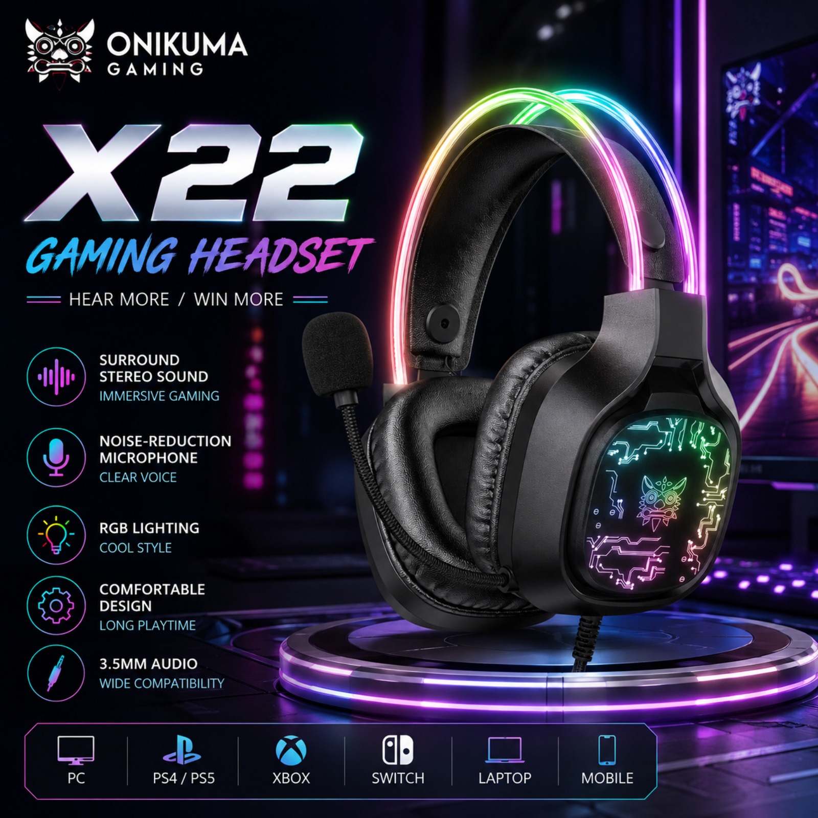 Gaming Headset With Mic Rgb - ONIKUMA X22 Wired Gaming Headset RGB